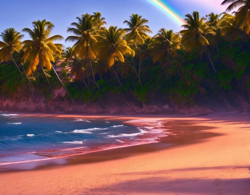 Golden sand, palm trees, gentle waves, and a pinkish sky with a faint rainbow.