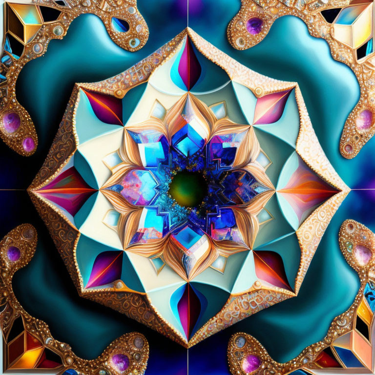 Symmetrical turquoise, blue, and gold digital mandala with gem-like details