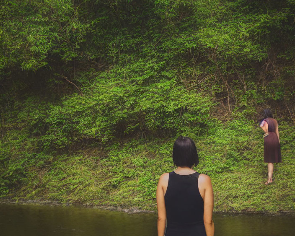 Two people near water and greenery in contemplative poses