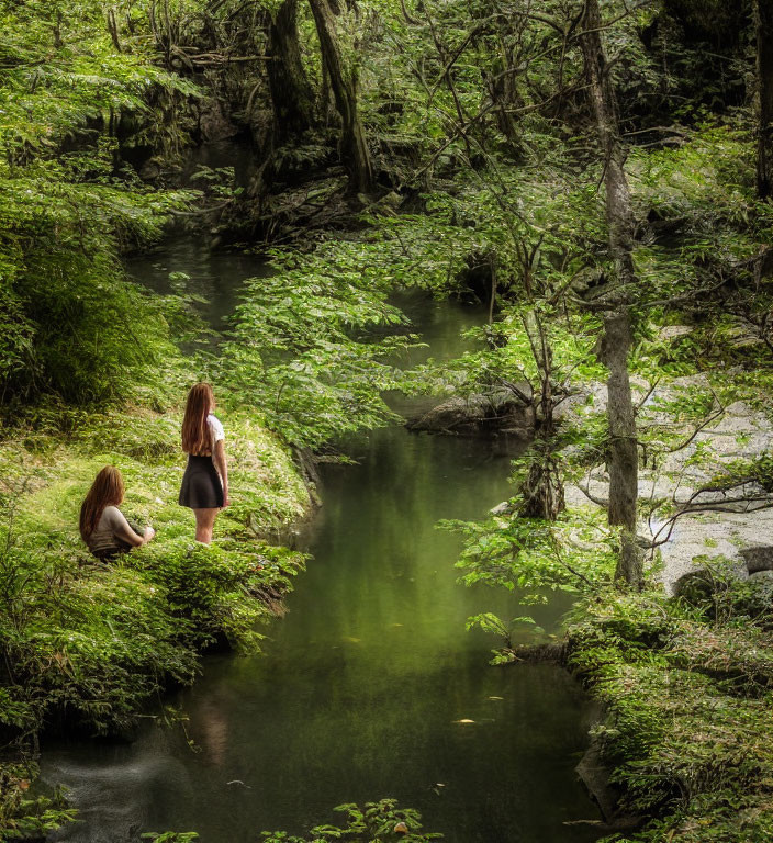 Tranquil forest stream scene with two people surrounded by greenery