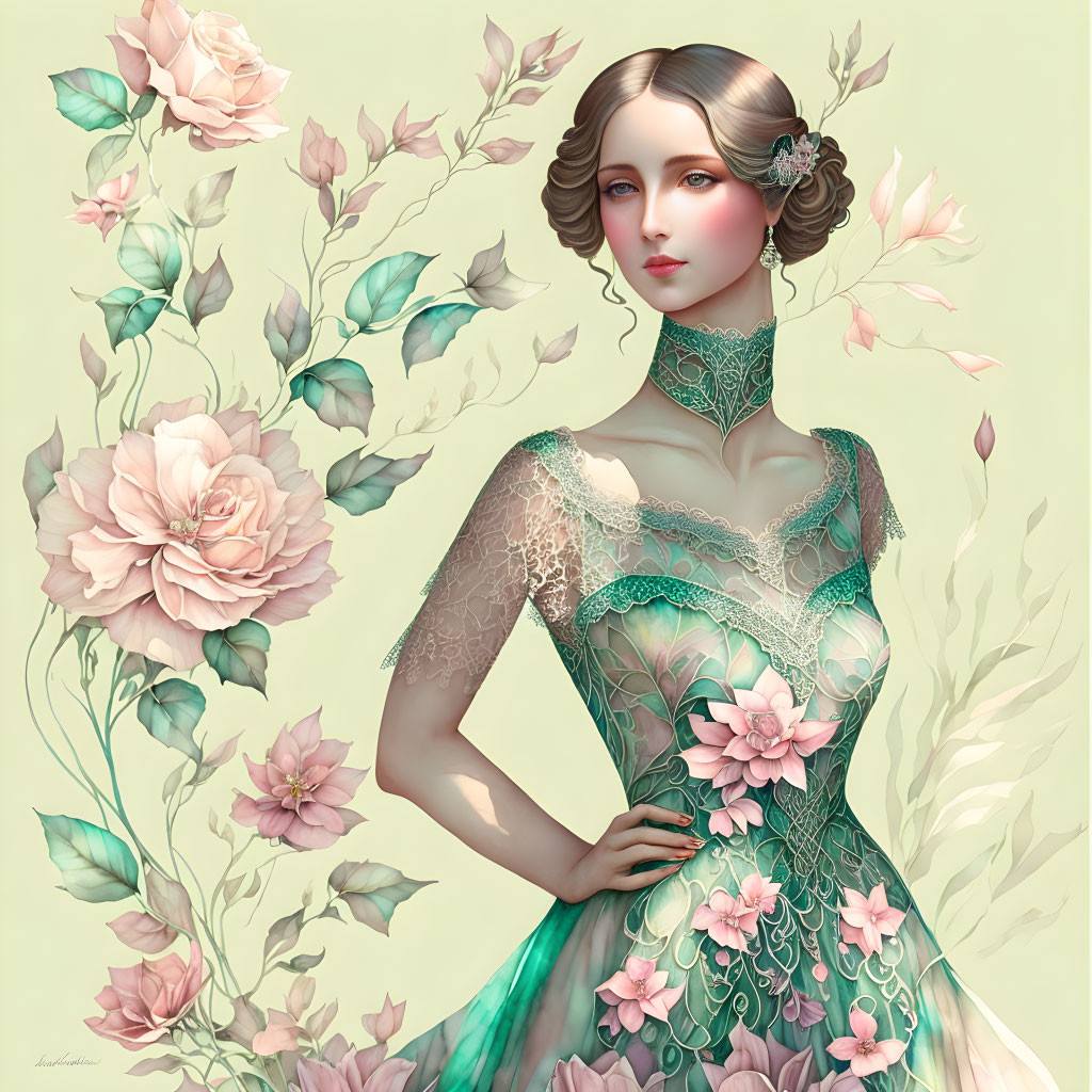 Vintage Hairstyle Woman Illustration with Floral Dress and Roses Background