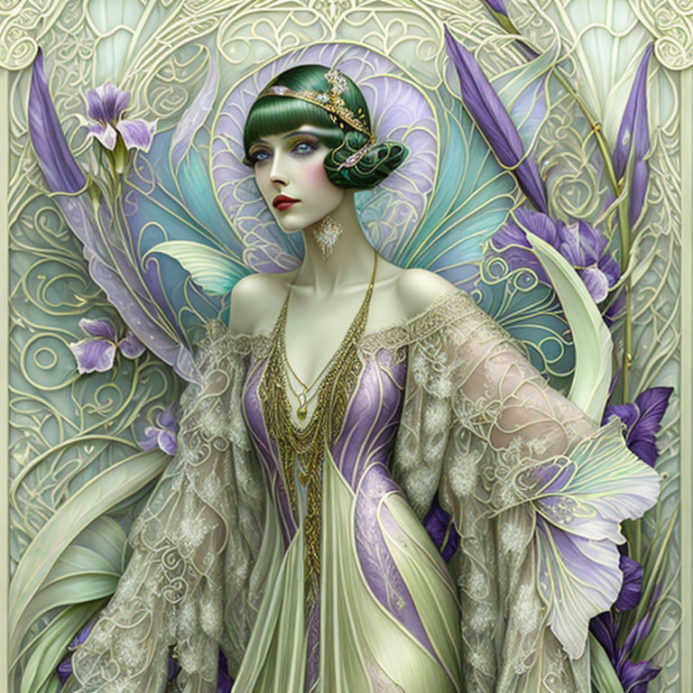 Art Nouveau style ornately dressed woman with gold and purple design elements