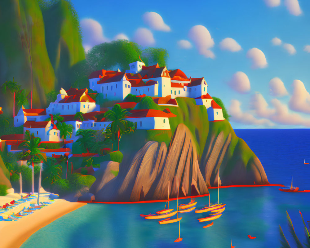 Scenic coastal village with terracotta-roofed houses overlooking calm blue bay