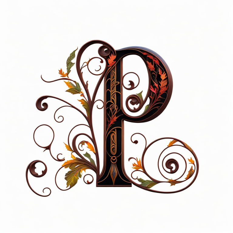 Intricate autumn-themed decorative letter on white background