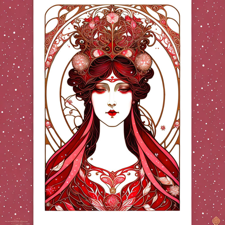 Art Nouveau Style Woman Illustration with Red Headdress and Flowing Hair