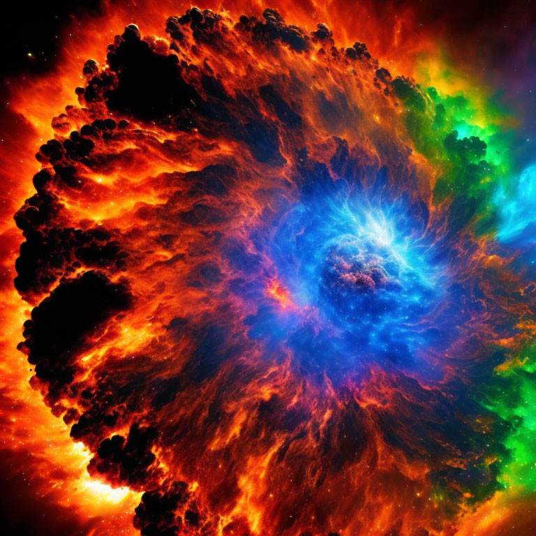 Colorful Nebula Depicted with Red, Blue, and Green Cosmic Clouds