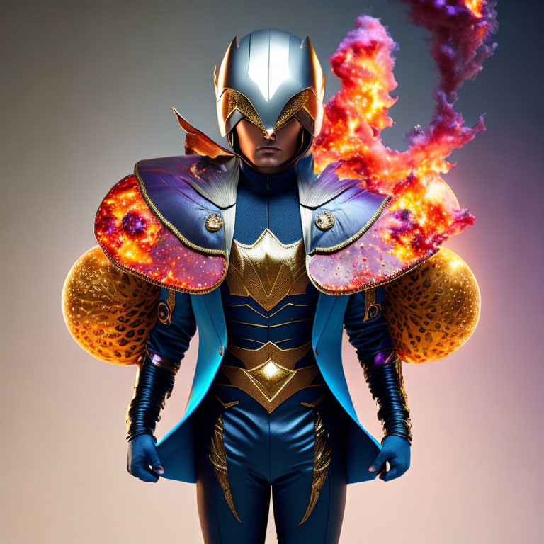 Futuristic superhero in blue and gold costume with flames on gradient background