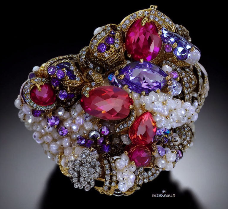 Elegant Brooch with Pearls, Rubies, Amethysts, Diamonds on Gold Accents