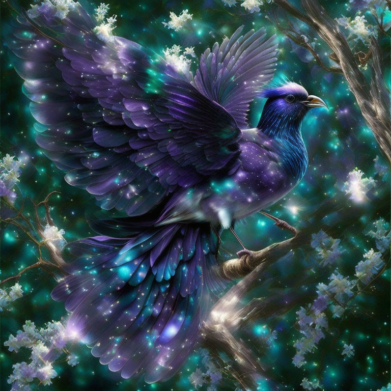 Colorful digital artwork: mystical blue bird with starry wings in nature.