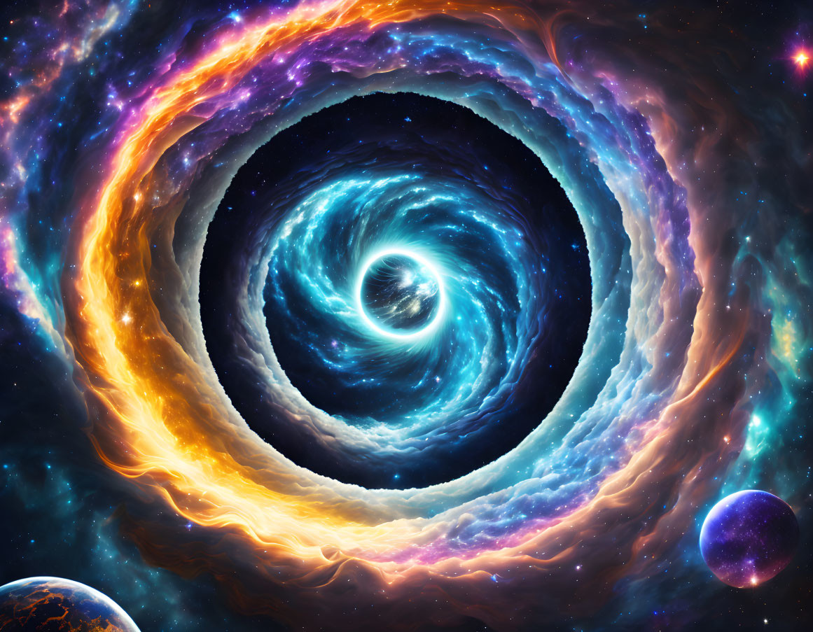 Colorful cosmic scene with swirling wormhole and celestial bodies.