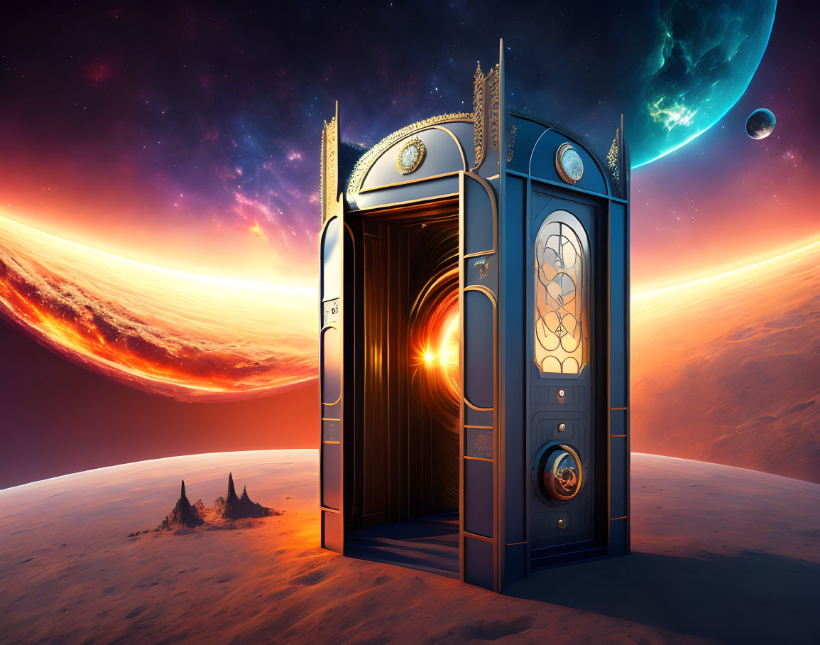 Vintage ornate door on alien planet with vibrant sunset and multiple planets in sky