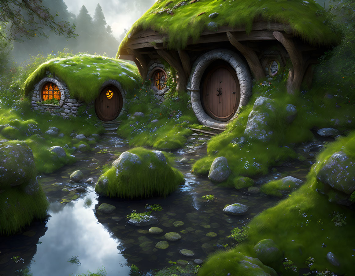 Moss-Covered Hobbit-Style House in Serene Forest