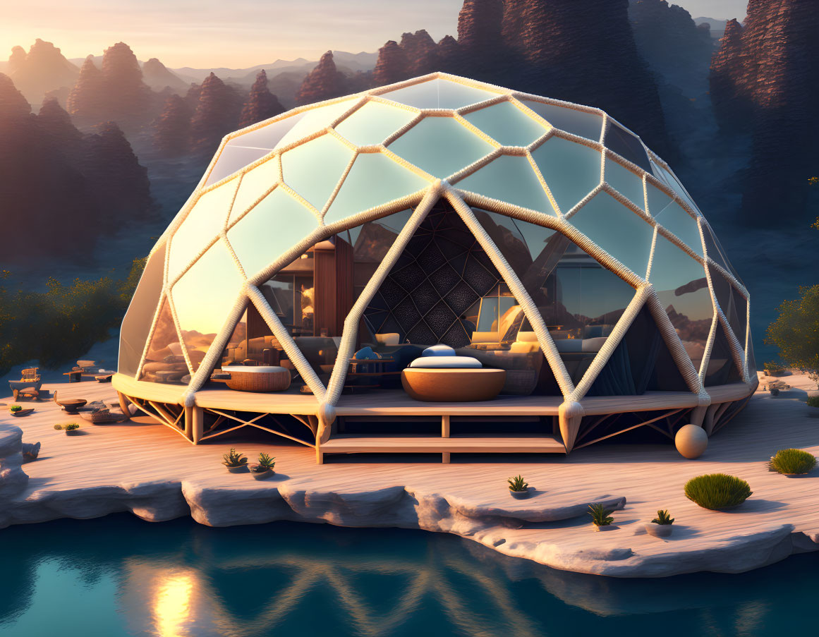 Geodesic Dome House on Lakeside Platform at Dusk