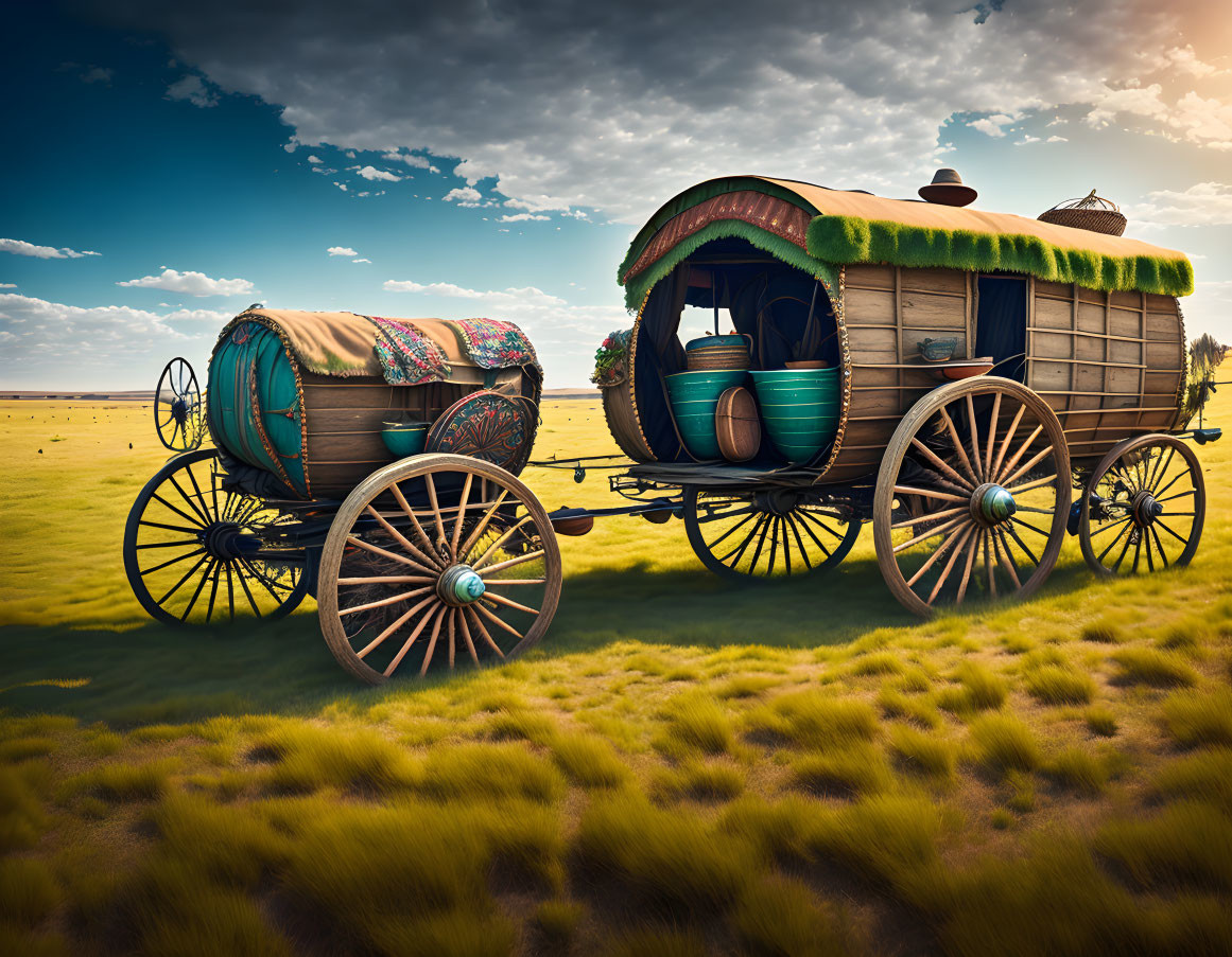 Colorful Spoked Wheels on Traditional Covered Wagons in Grass Field