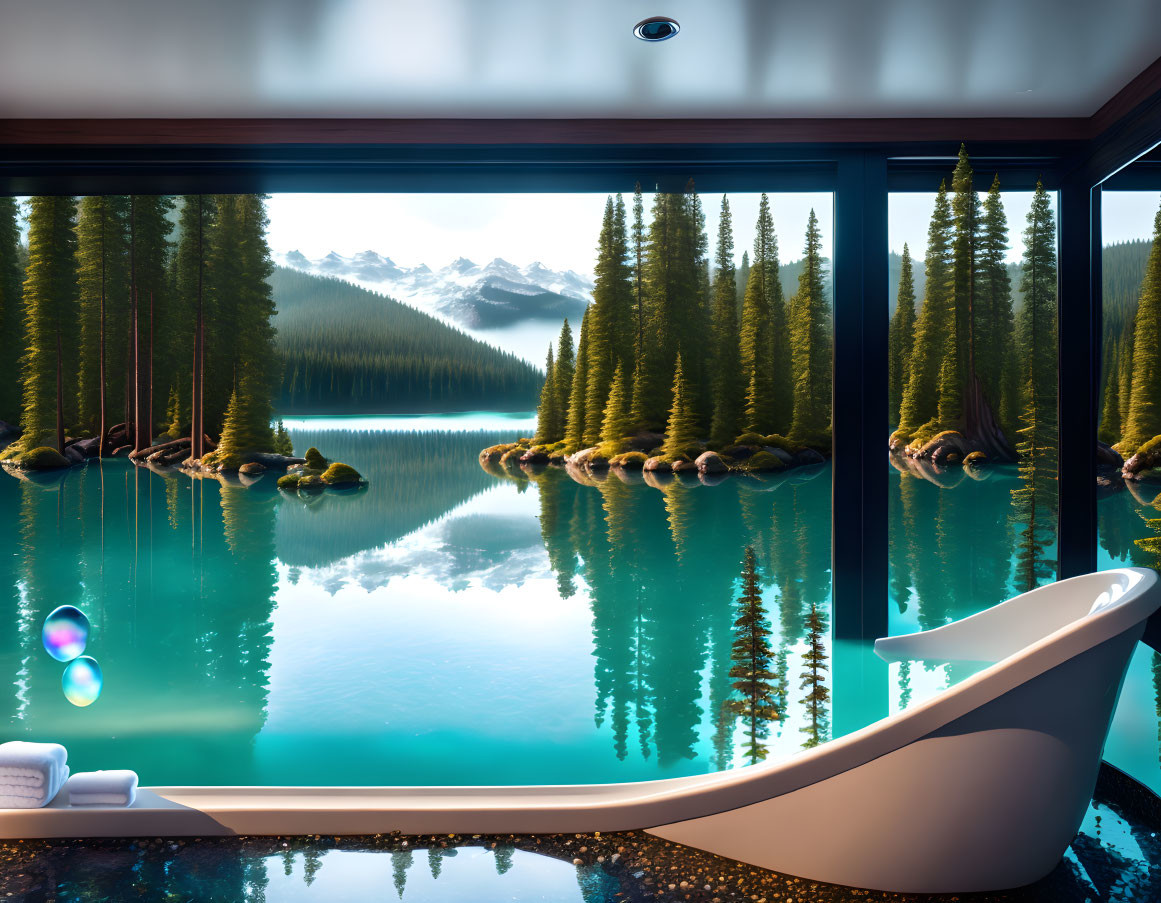 Serene Lake View from Indoor Bathtub