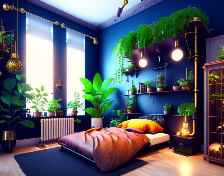 Dark blue bedroom with wooden shelving, orange bedding, and lush plants