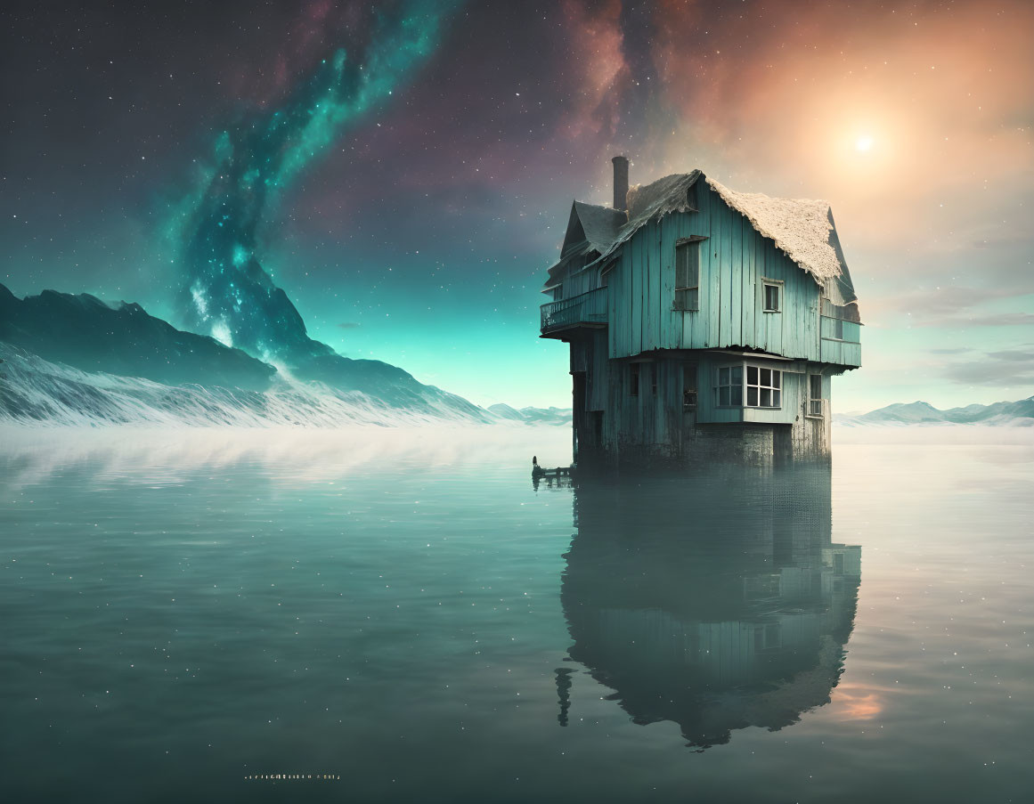 Solitary house on reflective surface with mountain backdrop and auroras