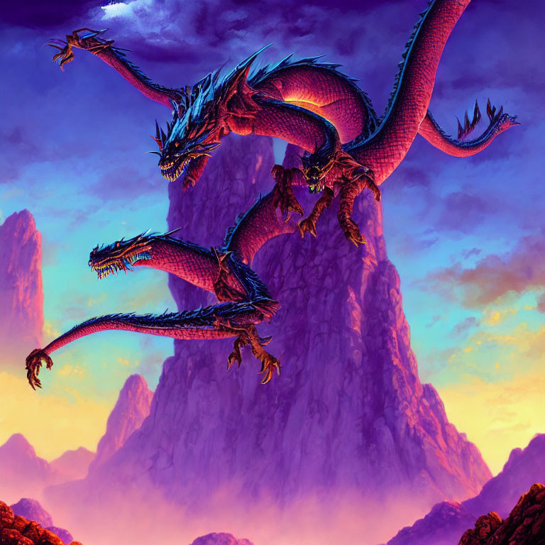 Colorful Three-Headed Dragon Soaring in Purple Sky