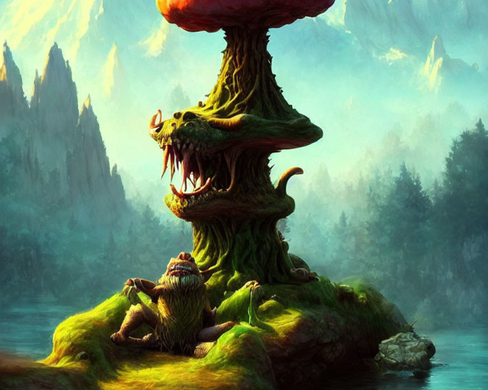 Fantasy landscape with creature under giant mushroom in misty forest