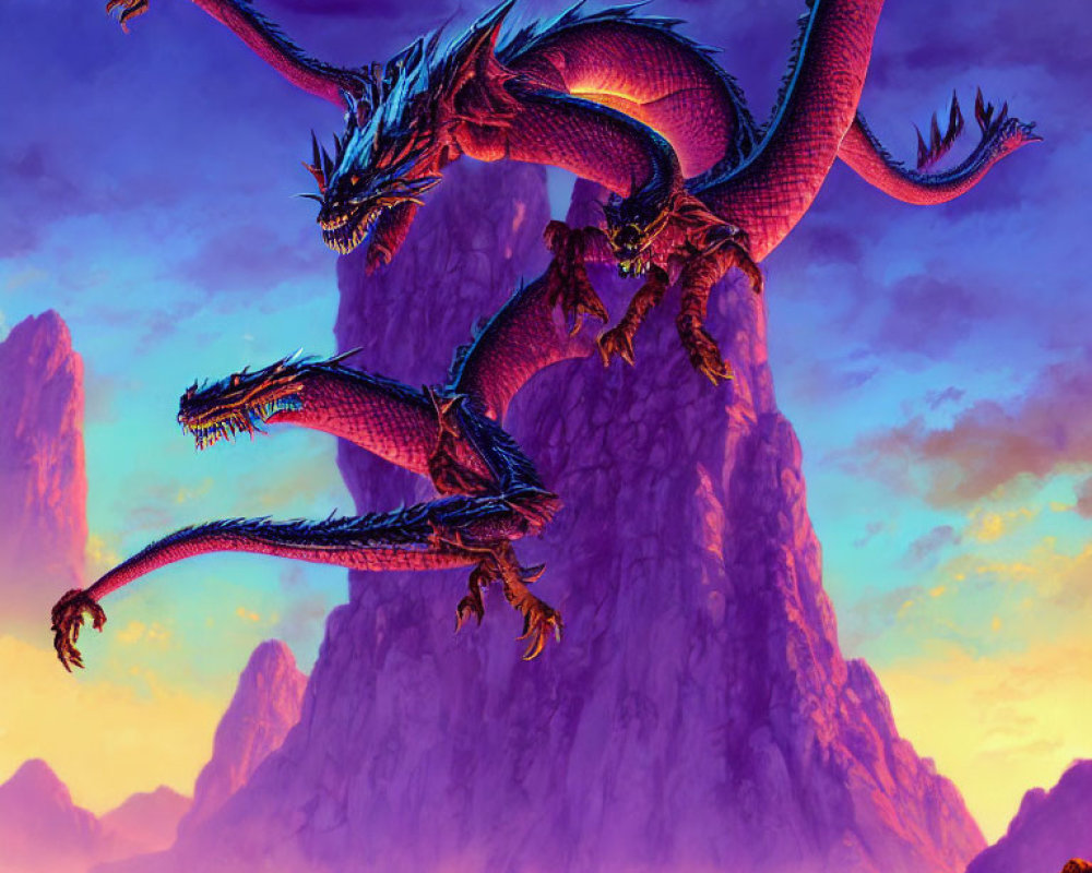 Colorful Three-Headed Dragon Soaring in Purple Sky