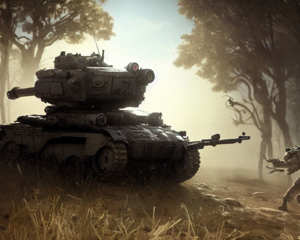 Military tanks stacked in misty forest with ethereal lighting