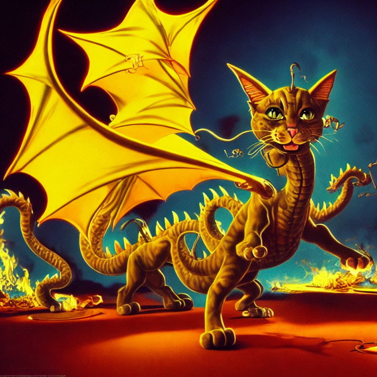 Fantastical creature with cat's head and dragon's body on fiery orange backdrop