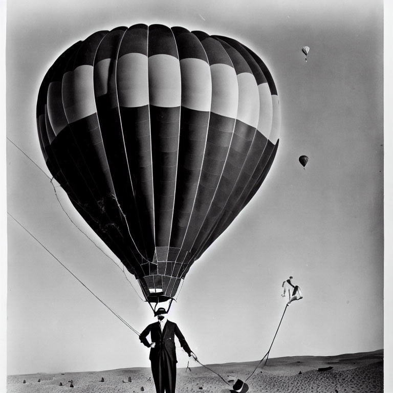 Monochrome photo of person holding hot air balloon on ground, with two balloons in sky