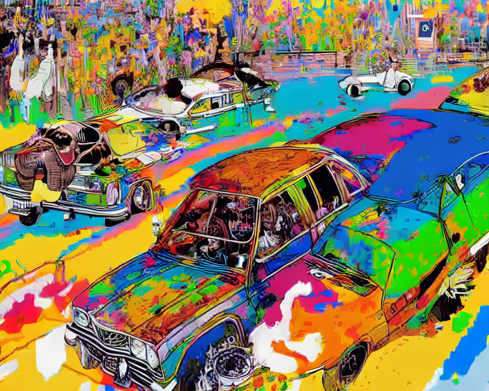 Colorful digital artwork featuring classic cars, people, river, and trees