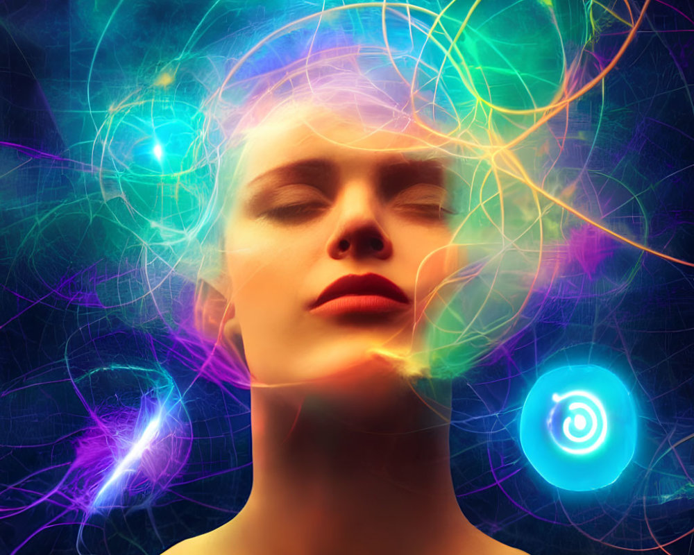 Vibrant digital artwork of woman's face with neon abstract lights