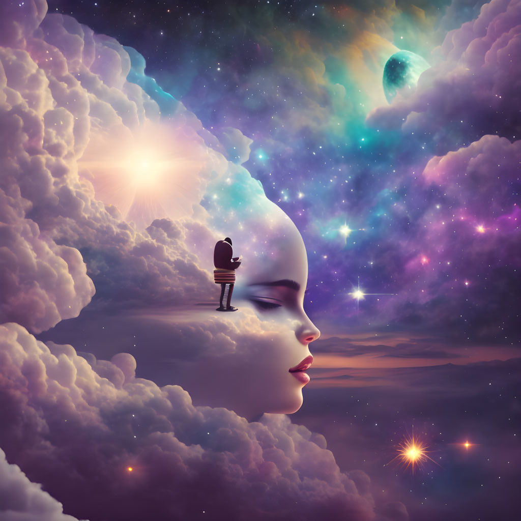 Surreal artwork featuring person on giant woman's head in cosmic landscape