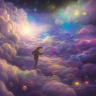 Surreal artwork featuring person on giant woman's head in cosmic landscape