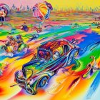 Colorful digital artwork featuring classic cars, people, river, and trees