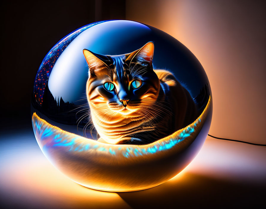 Surreal tabby cat in reflective sphere with warm light on dark background