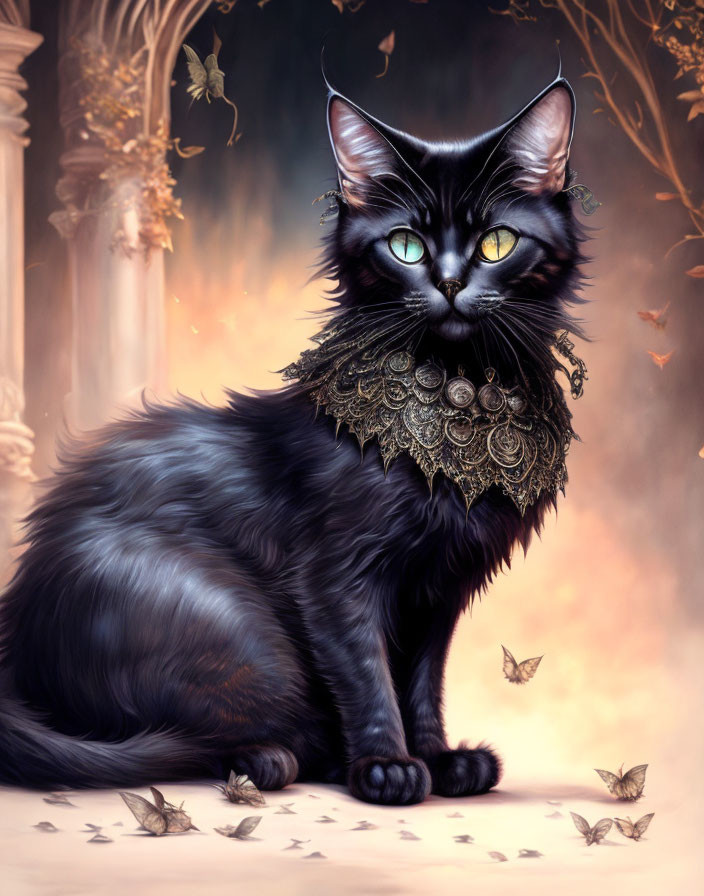 Beautiful Black Cat with Green Eyes and Golden Collar Among Autumn Leaves and Butterflies