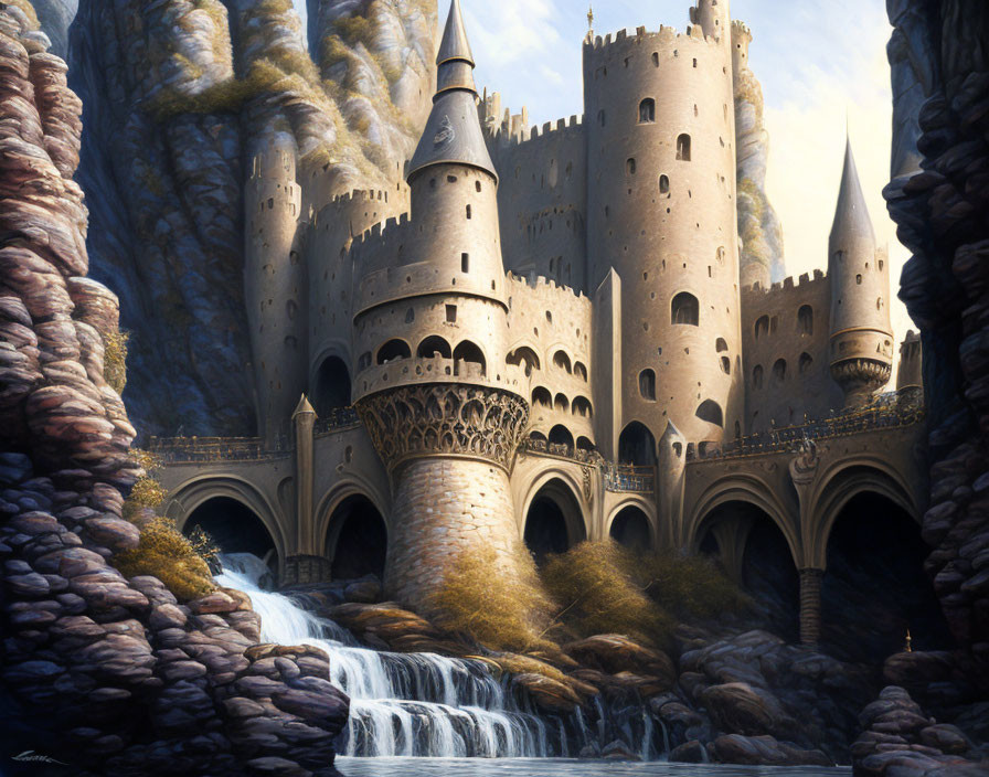 Fantasy castle with spires on cliff near waterfalls