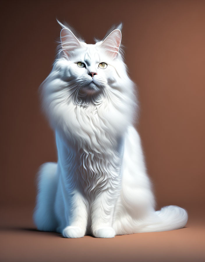 White Long-Haired Cat with Yellow Eyes on Soft Brown Background