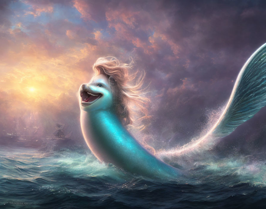 Mermaid with flowing hair in stormy seas with ships and dramatic sky