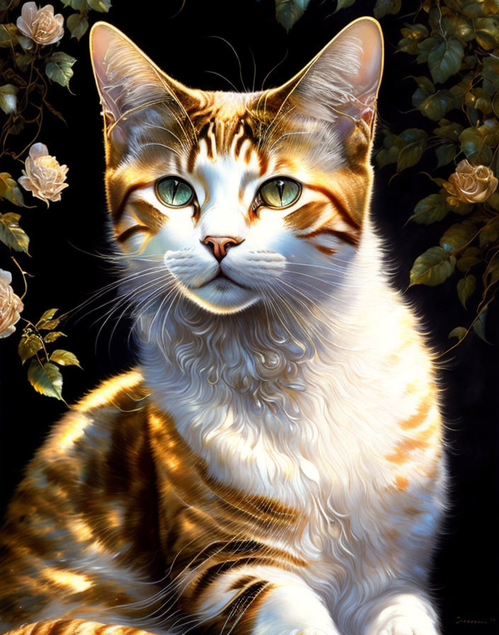 Tabby Cat with Green Eyes and White Rose Accents on Dark Background