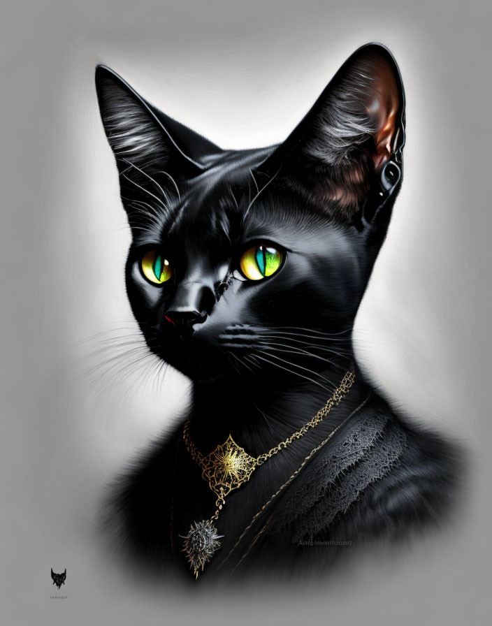 Digital painting: Black cat with green eyes, gold chain, lace collar, grey backdrop