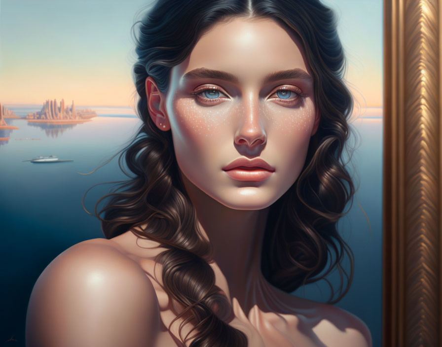 Digital artwork: Woman with blue eyes, freckles, wavy hair, gazing beside g