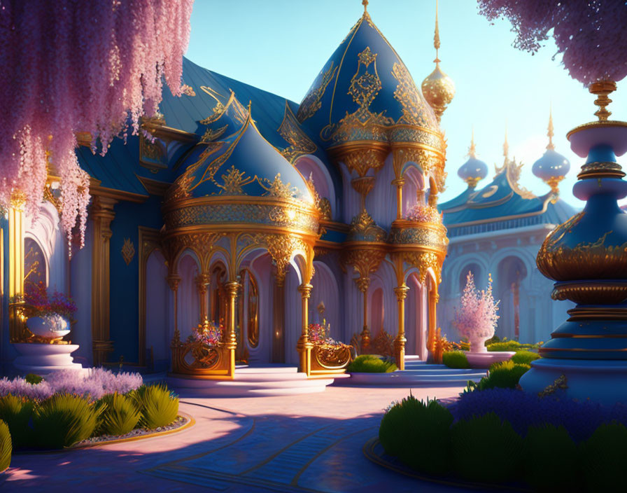 Ornate golden domes in fantastical palace garden