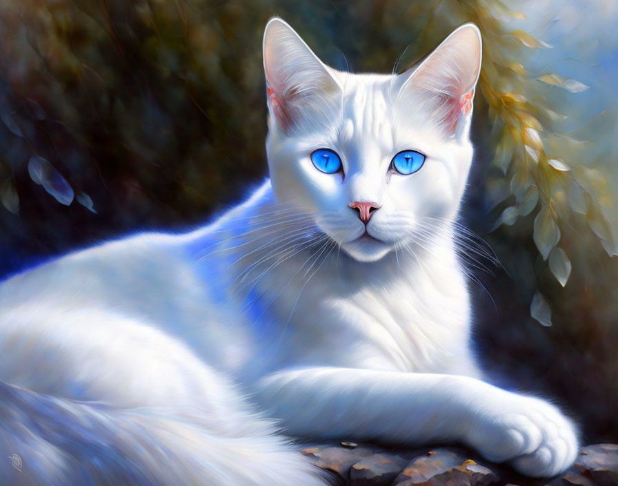 White Cat with Striking Blue Eyes in Serene Setting