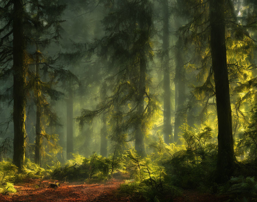 Misty forest with sunlight filtering through tall trees