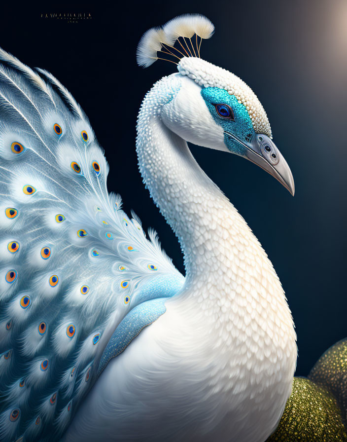 Detailed White Peacock Illustration with Vibrant Blue Eyes