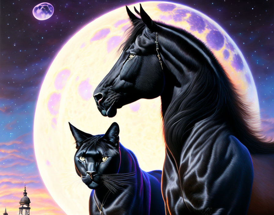 Black horse and cat under full moon in starry night sky