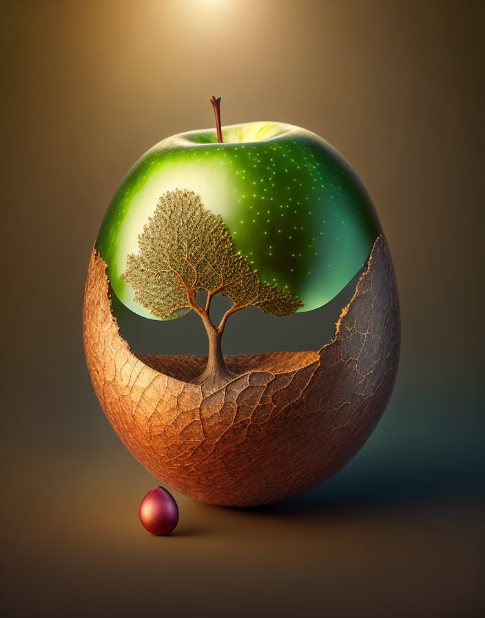 Surreal green apple with tree inside on warm background