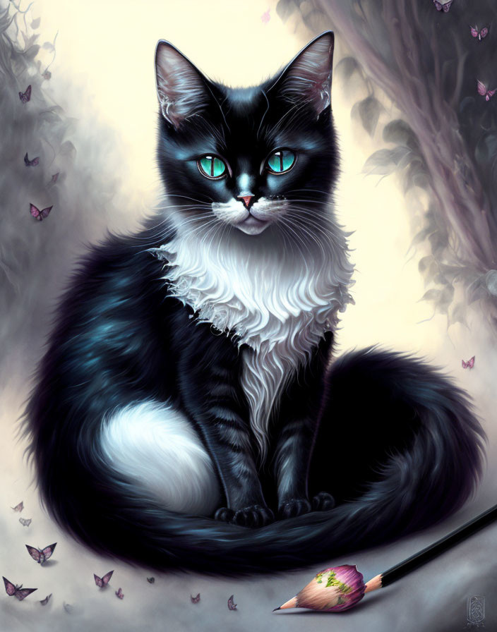 Black and White Cat with Blue Eyes Surrounded by Butterflies in Whimsical Scene