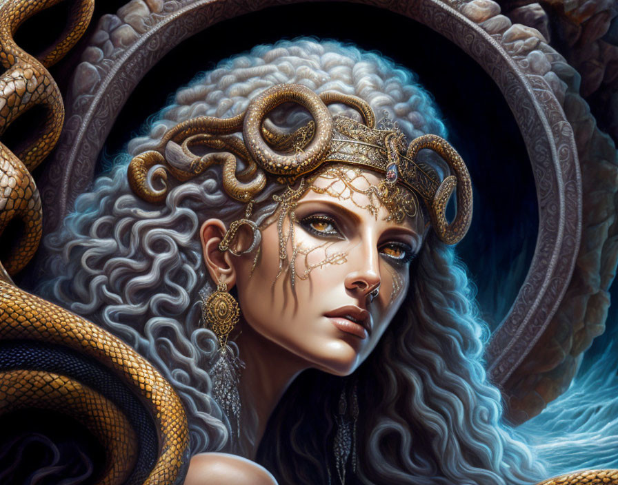 Detailed Artwork: Woman with Serpentine Features and Snakes in Mystical Setting