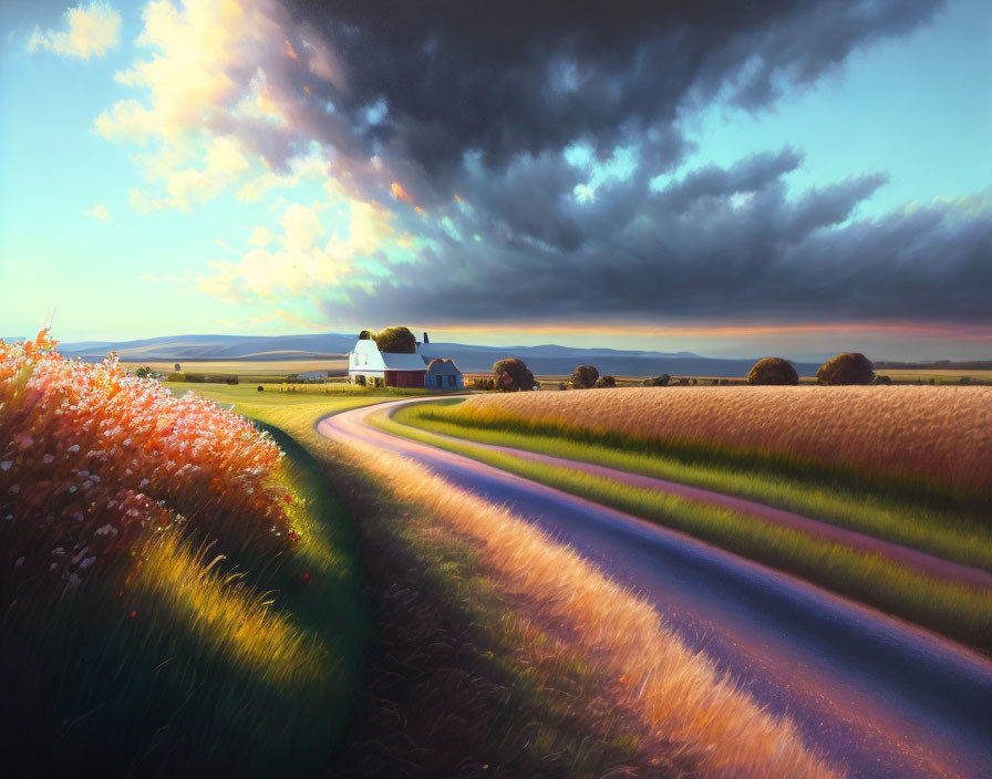 Scenic winding road through colorful fields and sky with dark clouds and warm sunset light.