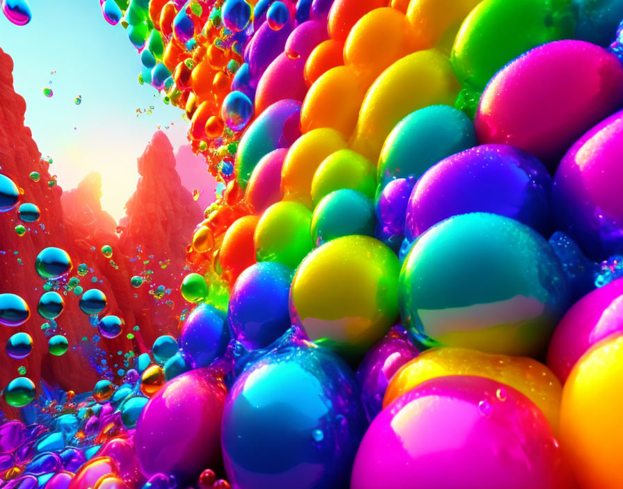 Colorful bubbles and spheres in red canyon landscape